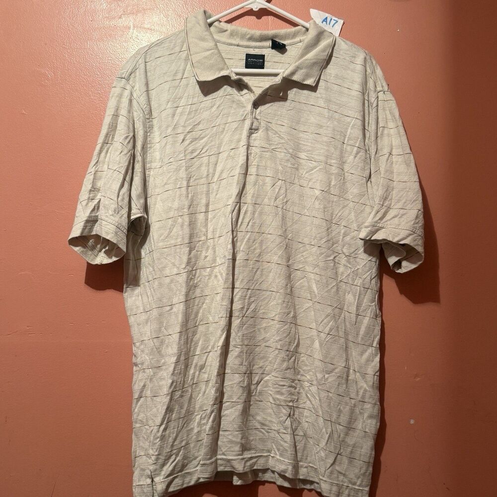 Arrow Mens Polo Shirt L Large Beige Striped Short Sleeve